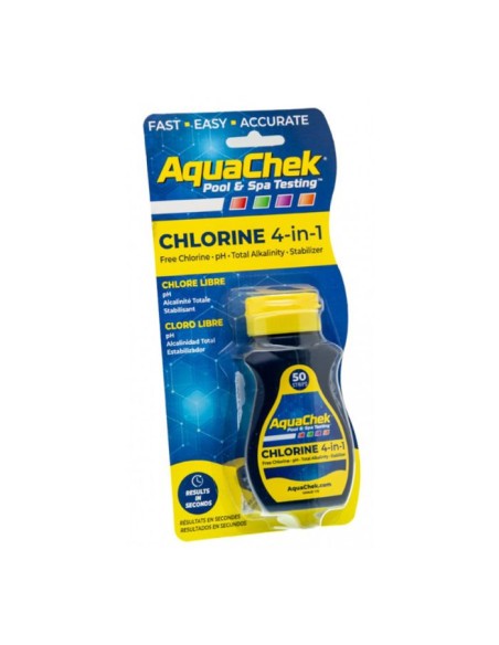 AquaChek AMARILLO 4 PARÁMETROS  (CL LIBRE, acido isocianurico, pH, ALCALINIDAD) 50 Tiras AQUACHECK  