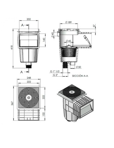 SKIMMER 15 L PISC. HORM. CON BOCA STANDARD TAPA CUADRADA BLANCO ASTRALPOOL                          