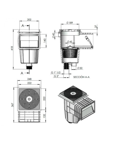 SKIMMER 15 L PISC. HORM. CON BOCA STANDARD TAPA CUADRADA BLANCO ASTRALPOOL                          
